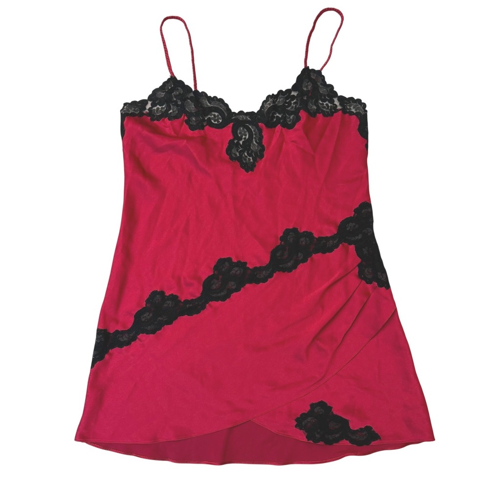 VTG Victorias Secret Gold Label Burgundy Satin Black Lace Chemise Slip Dress P